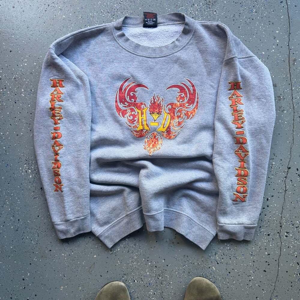 Vintage 2004 Harley-Davidson Flame Phoenix Grey Crewneck Sweatshirt Large